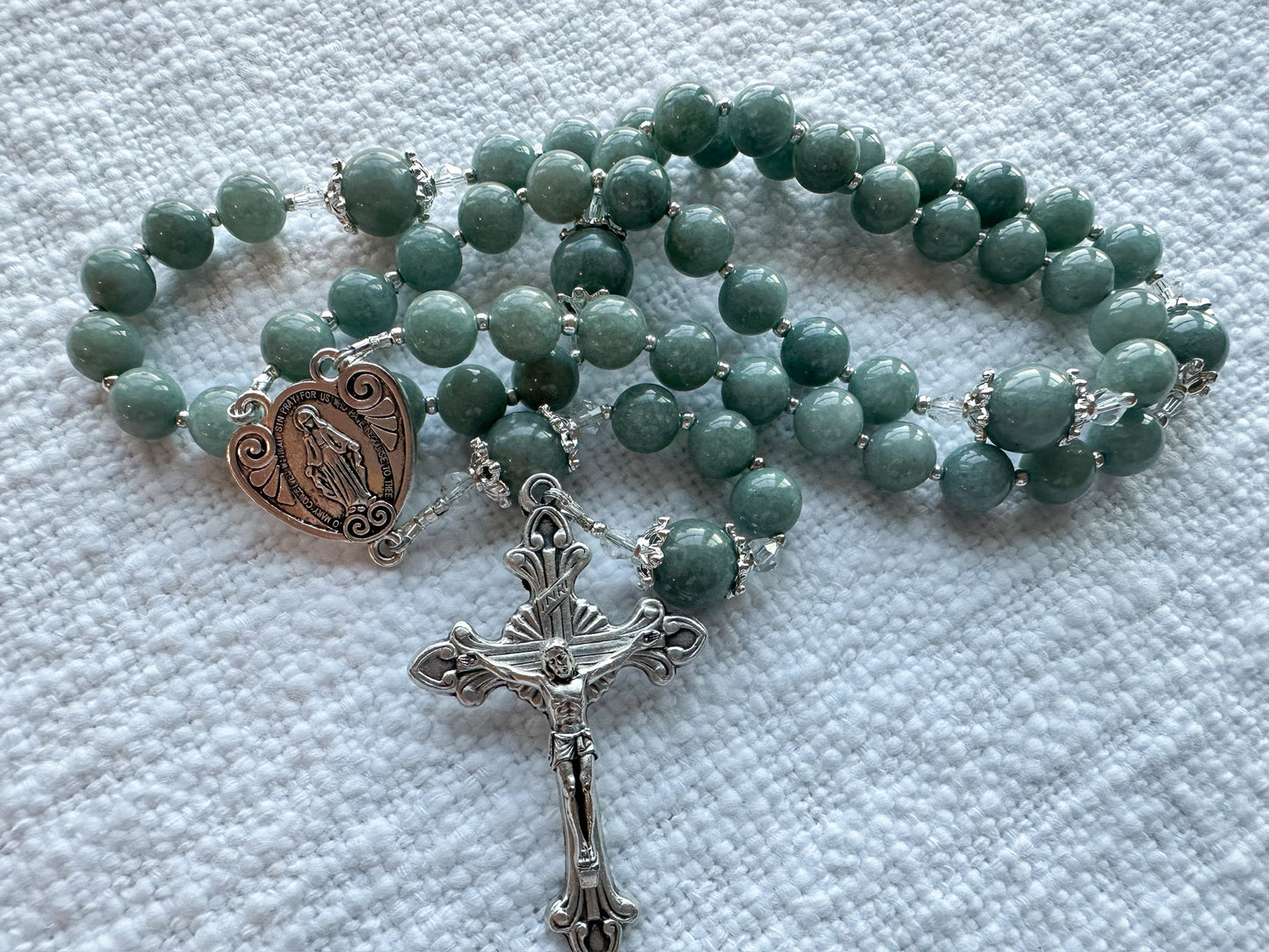 Heart of Mary Rosary — Burmese Blue Jade & Silver