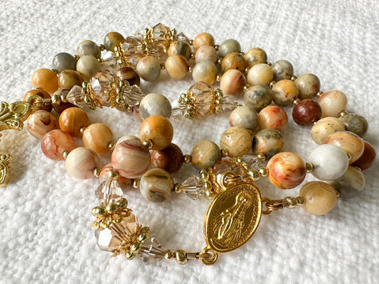 Rosary of Faithful Earth — Crazy Lace Agate, Crystal & Gold