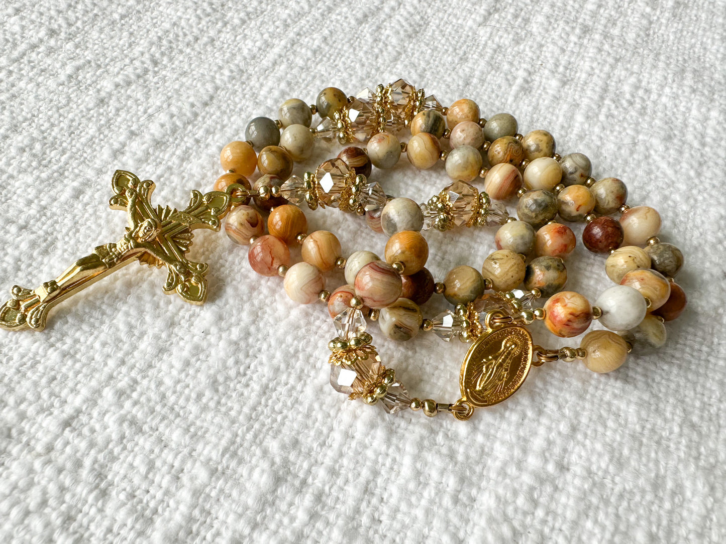 Rosary of Faithful Earth — Crazy Lace Agate, Crystal & Gold