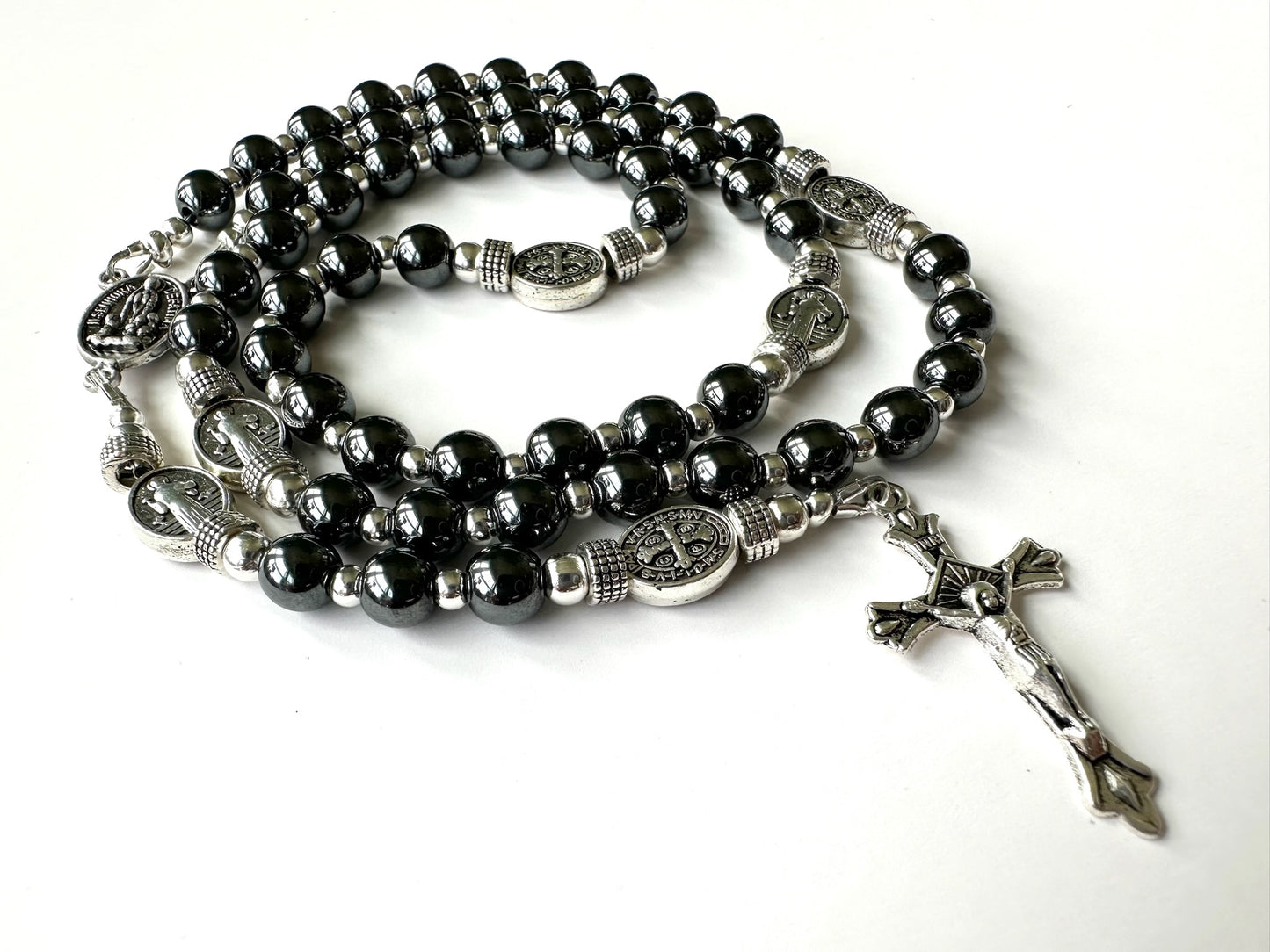 Shield of Mercy Rosary — Hematite & Silver (6mm)