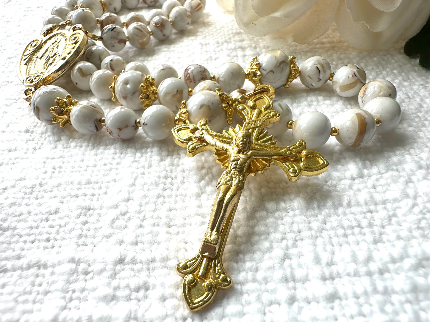 Heavenly Light Rosary — White Turquoise & Gold