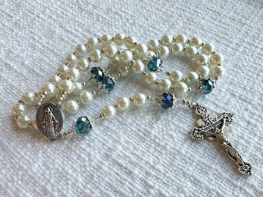 Heavenly Grace Rosary — Ivory Pearl & Blue Crystal