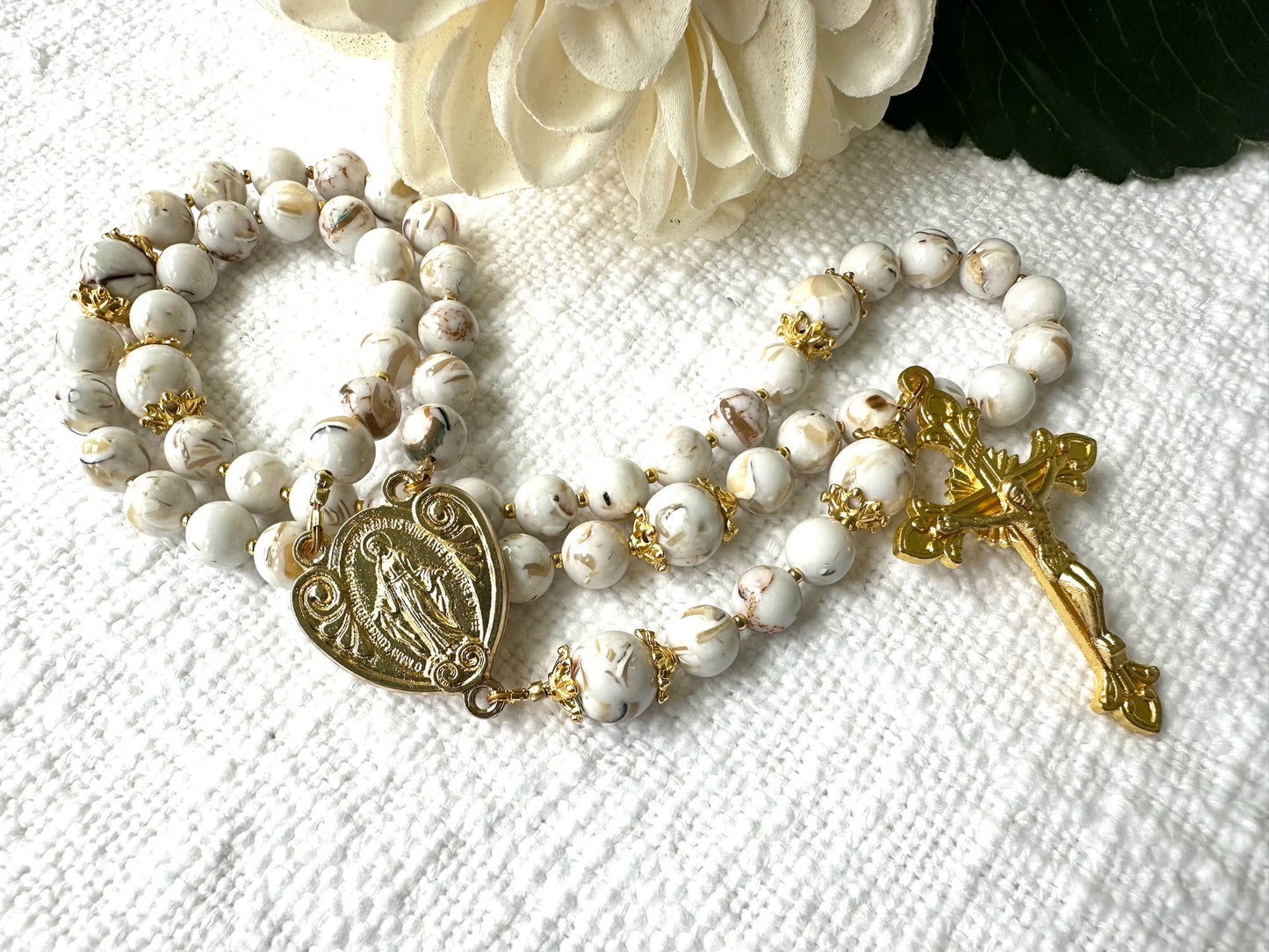 Heavenly Light Rosary — White Turquoise & Gold