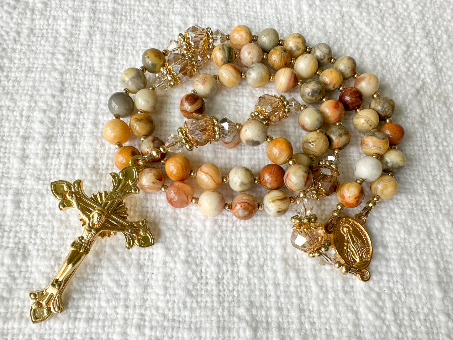 Rosary of Faithful Earth — Crazy Lace Agate, Crystal & Gold