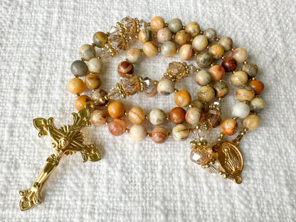 Rosary of Faithful Earth — Crazy Lace Agate, Crystal & Gold