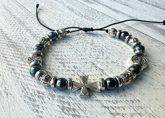 Stronghold Bracelet — Hematite, Crosses & St. Benedict