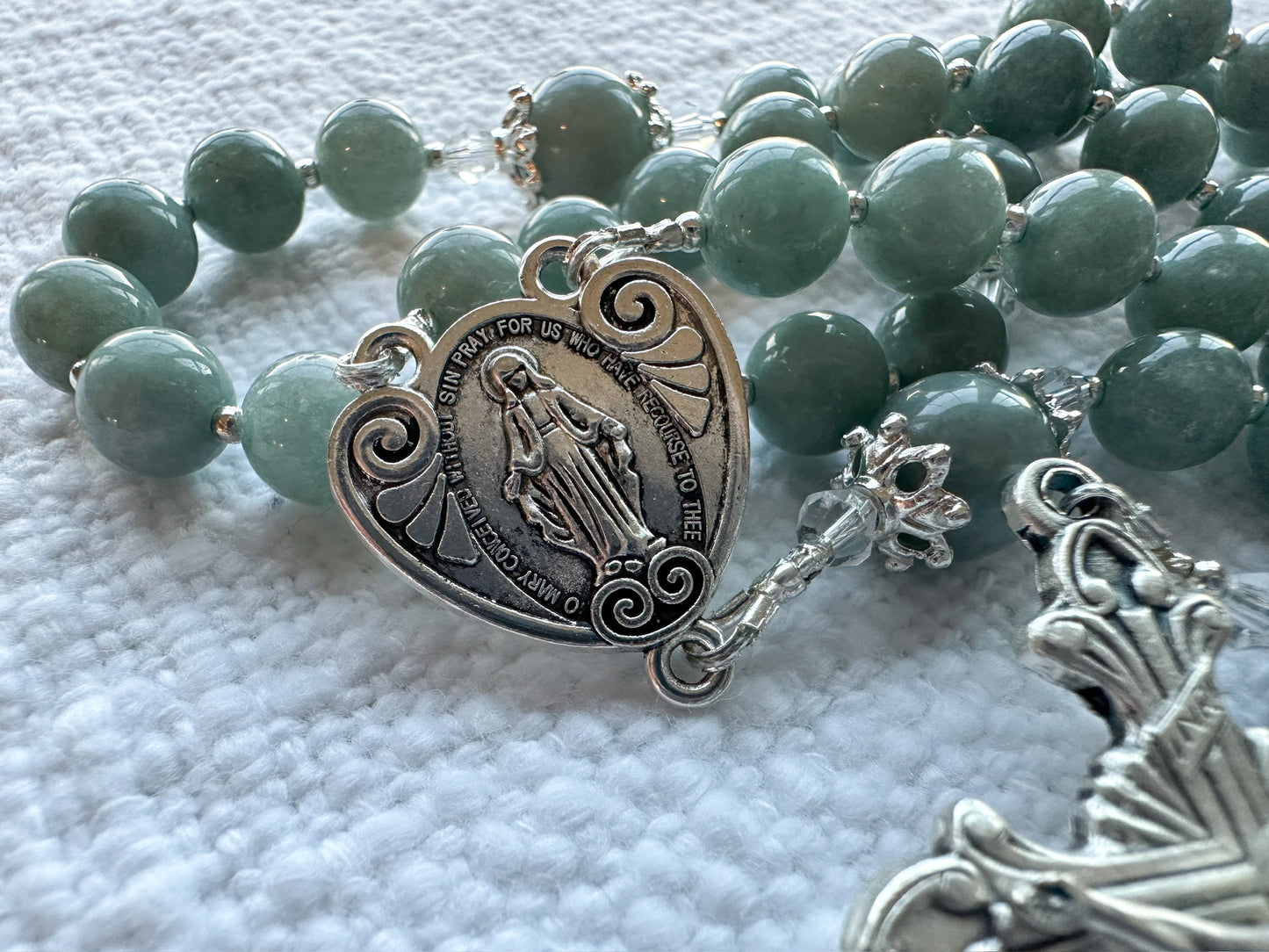Heart of Mary Rosary — Burmese Blue Jade & Silver