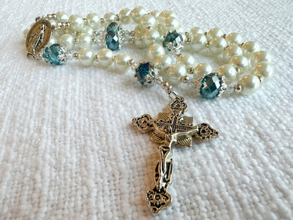 Heavenly Grace Rosary — Ivory Pearl & Blue Crystal