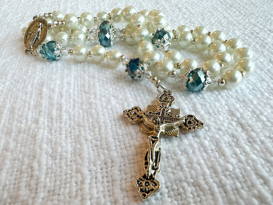 Heavenly Grace Rosary — Ivory Pearl & Blue Crystal
