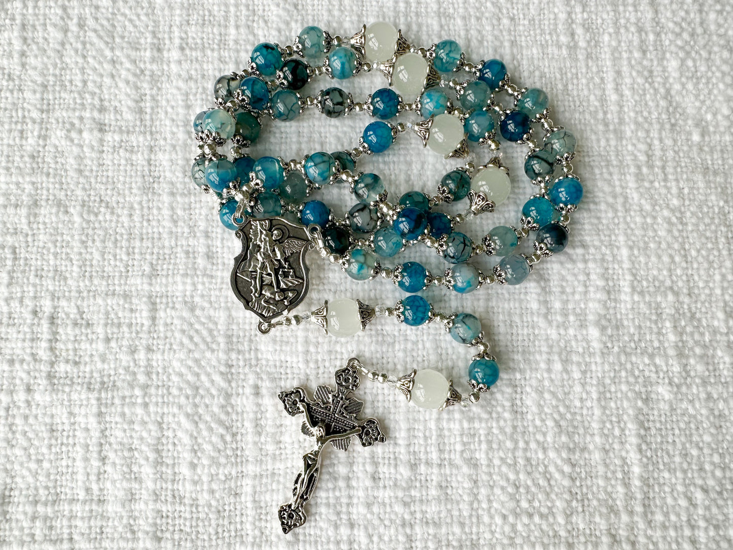 Rosary of Divine Protection — Blue Dragon Vein Agate, Moonstone & Silver