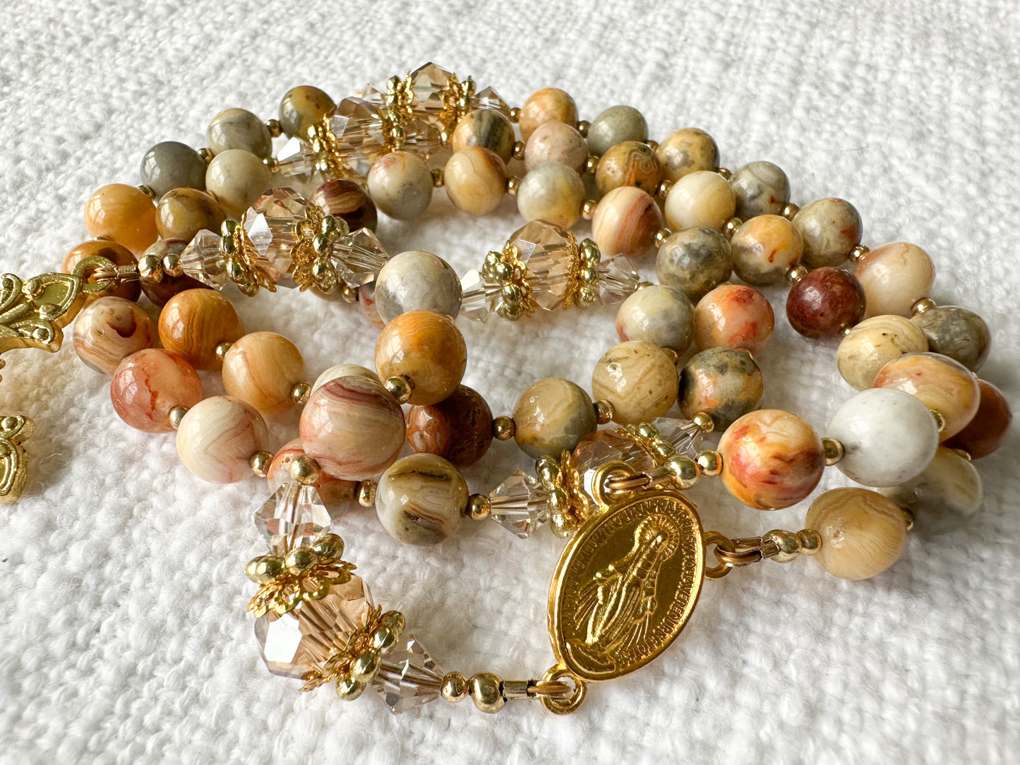 Rosary of Faithful Earth — Crazy Lace Agate, Crystal & Gold
