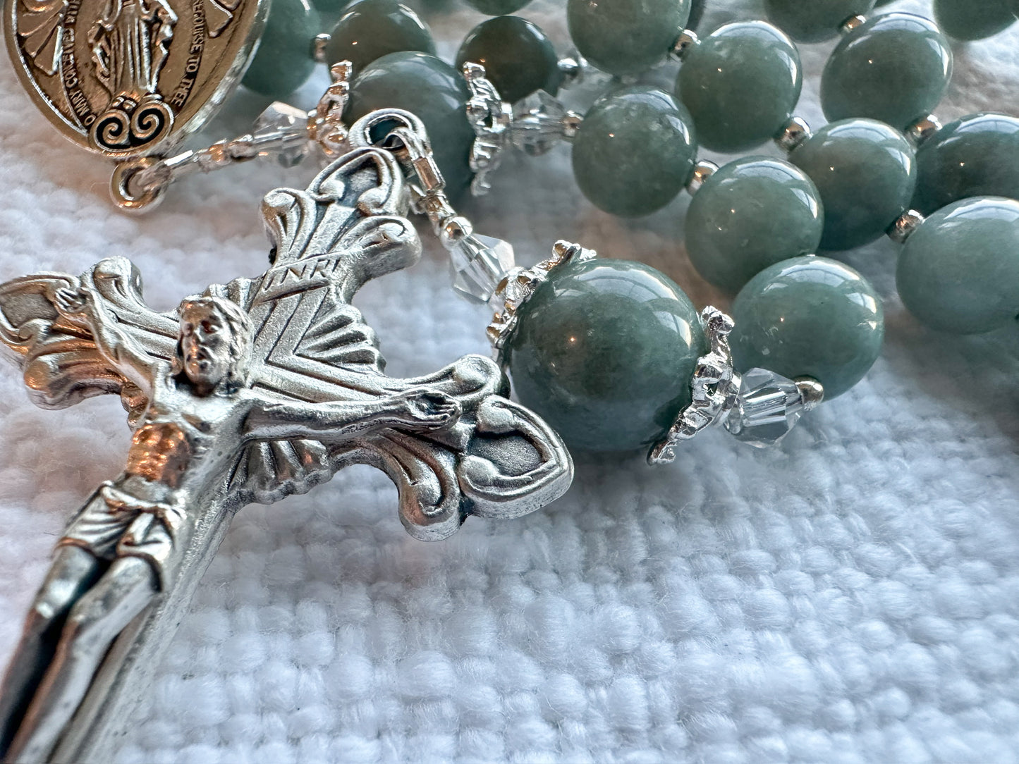 Heart of Mary Rosary — Burmese Blue Jade & Silver