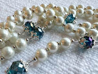 Heavenly Grace Rosary — Ivory Pearl & Blue Crystal