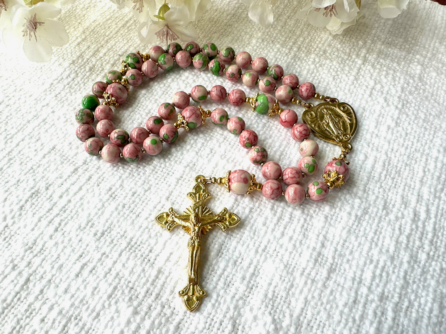 Rosary of Blooming Grace — Pink & Green Rainwater with Gold