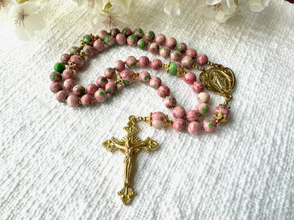 Rosary of Blooming Grace — Pink & Green Rainwater with Gold