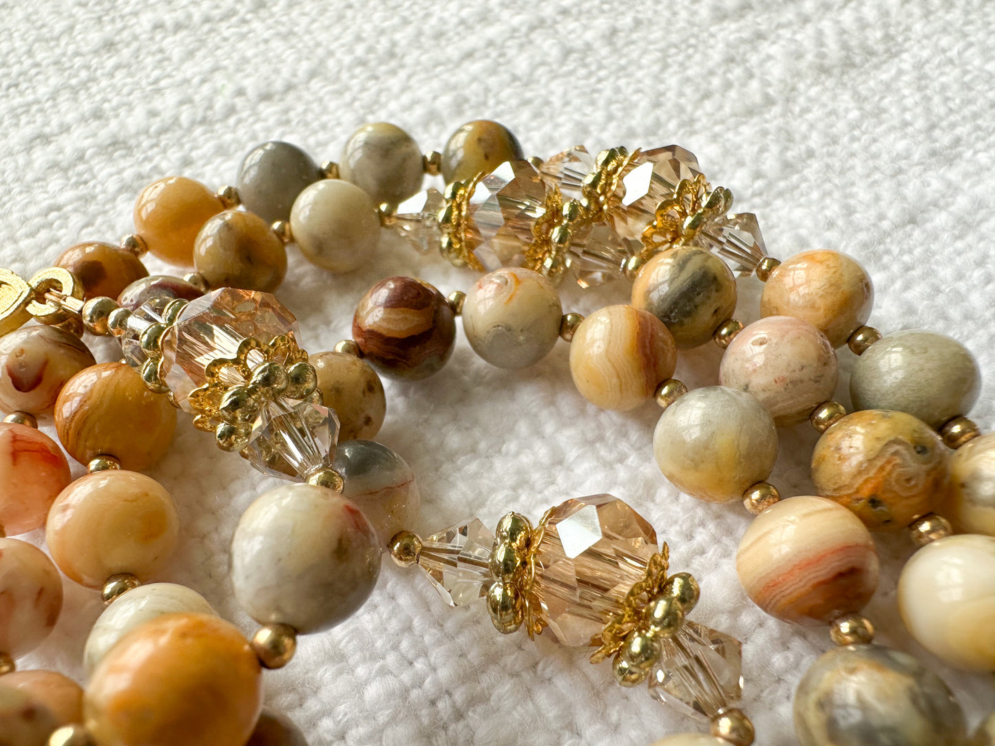 Rosary of Faithful Earth — Crazy Lace Agate, Crystal & Gold