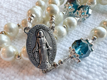 Heavenly Grace Rosary — Ivory Pearl & Blue Crystal