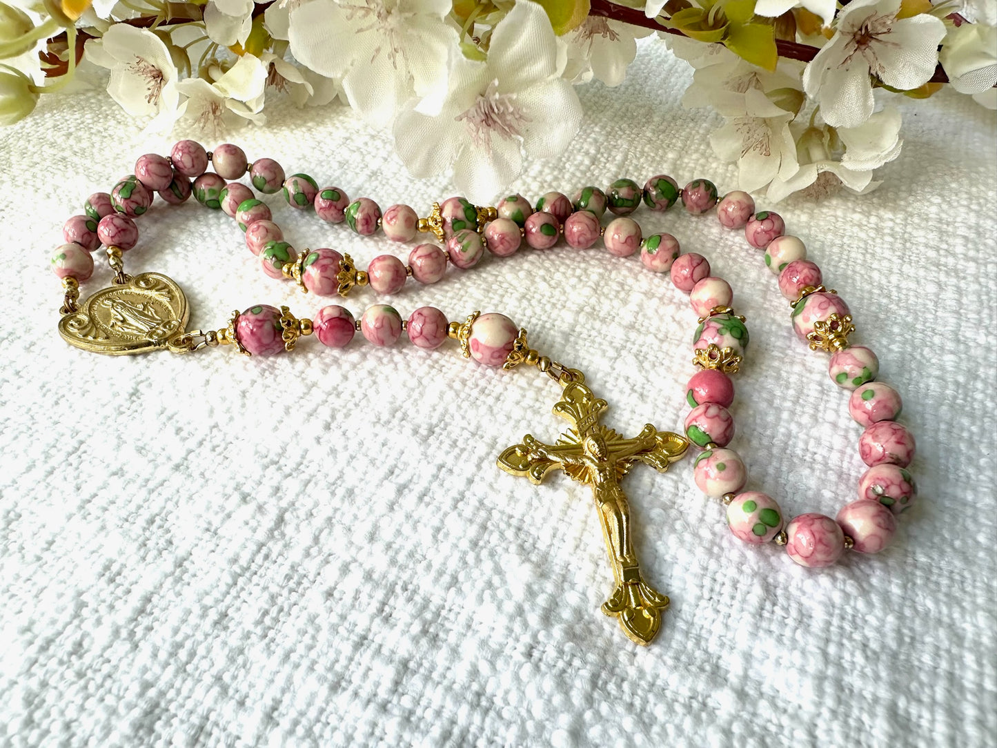 Rosary of Blooming Grace — Pink & Green Rainwater with Gold