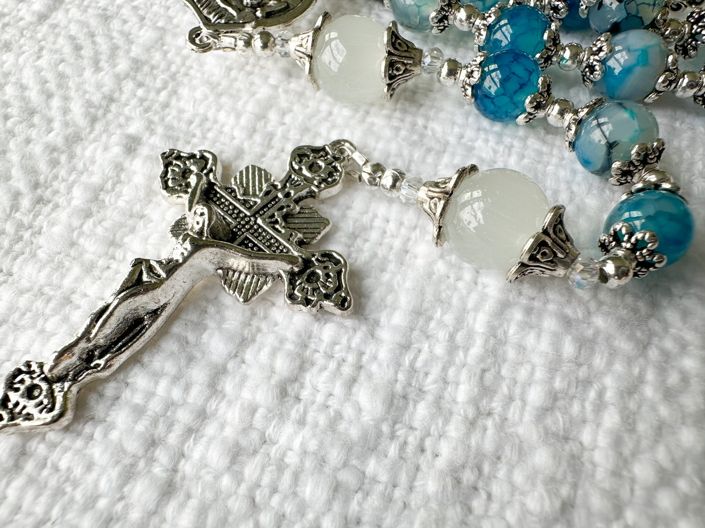Rosary of Divine Protection — Blue Dragon Vein Agate, Moonstone & Silver