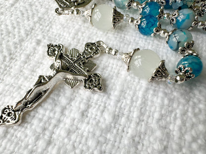 Rosary of Divine Protection — Blue Dragon Vein Agate, Moonstone & Silver
