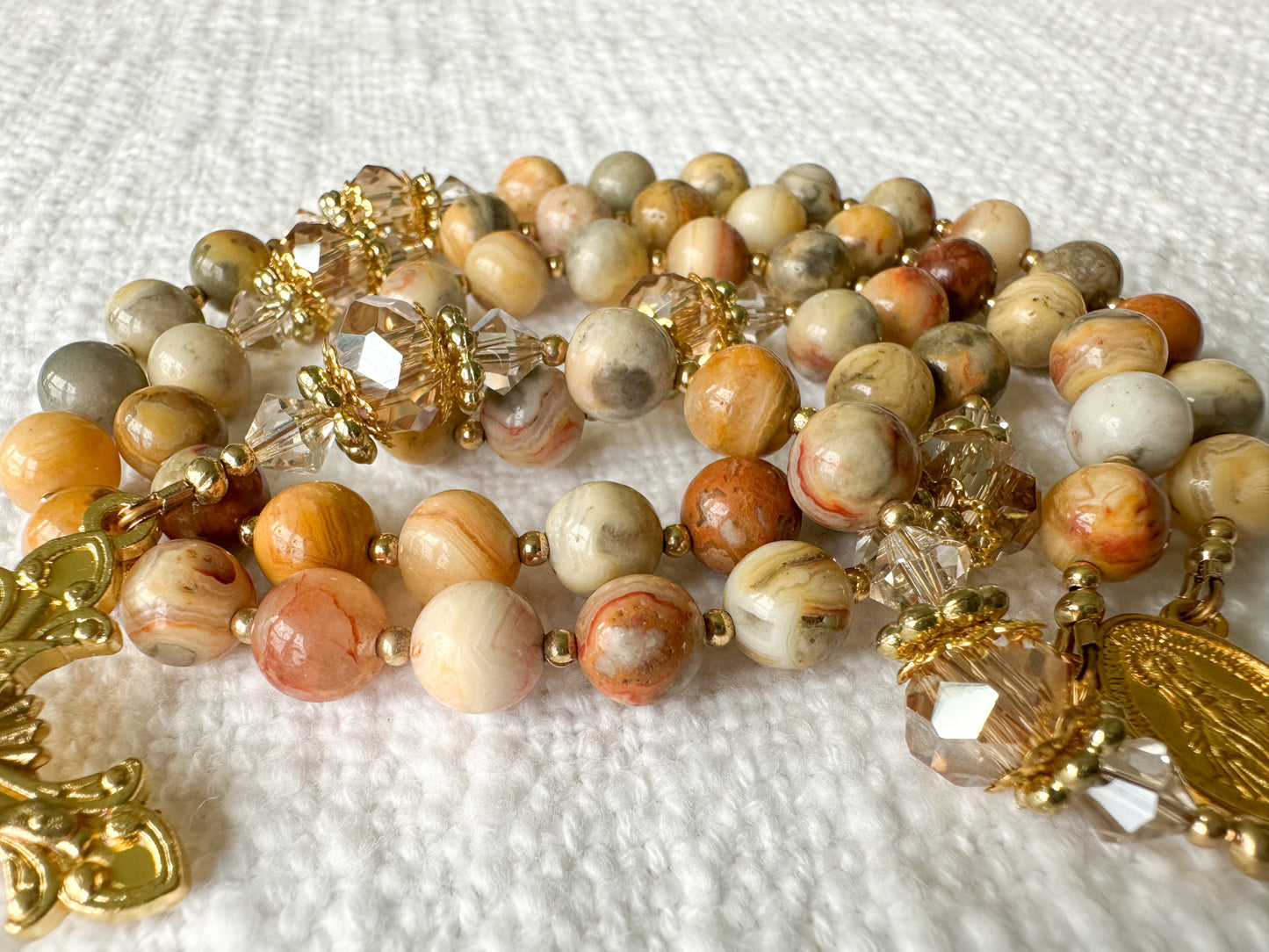 Rosary of Faithful Earth — Crazy Lace Agate, Crystal & Gold