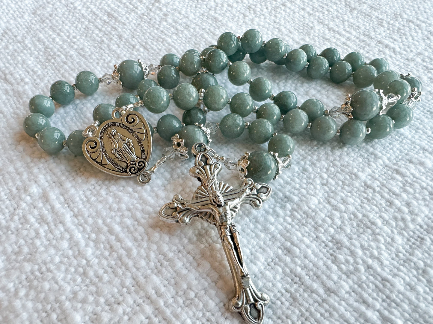 Heart of Mary Rosary — Burmese Blue Jade & Silver