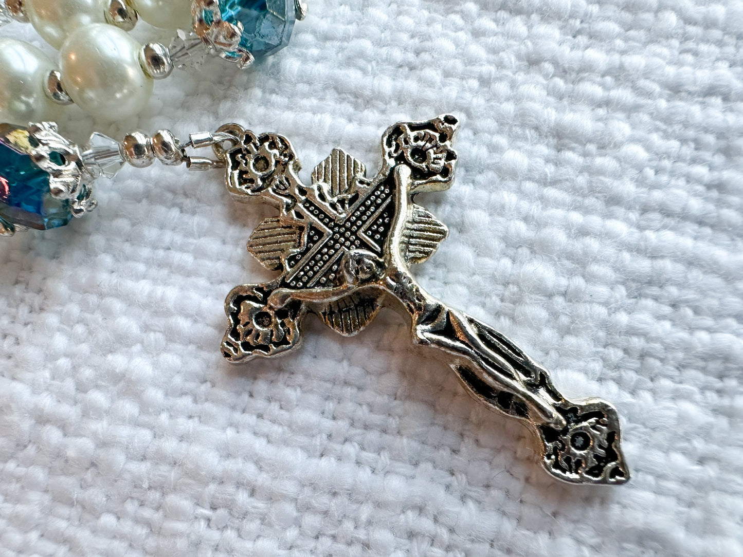 Heavenly Grace Rosary — Ivory Pearl & Blue Crystal