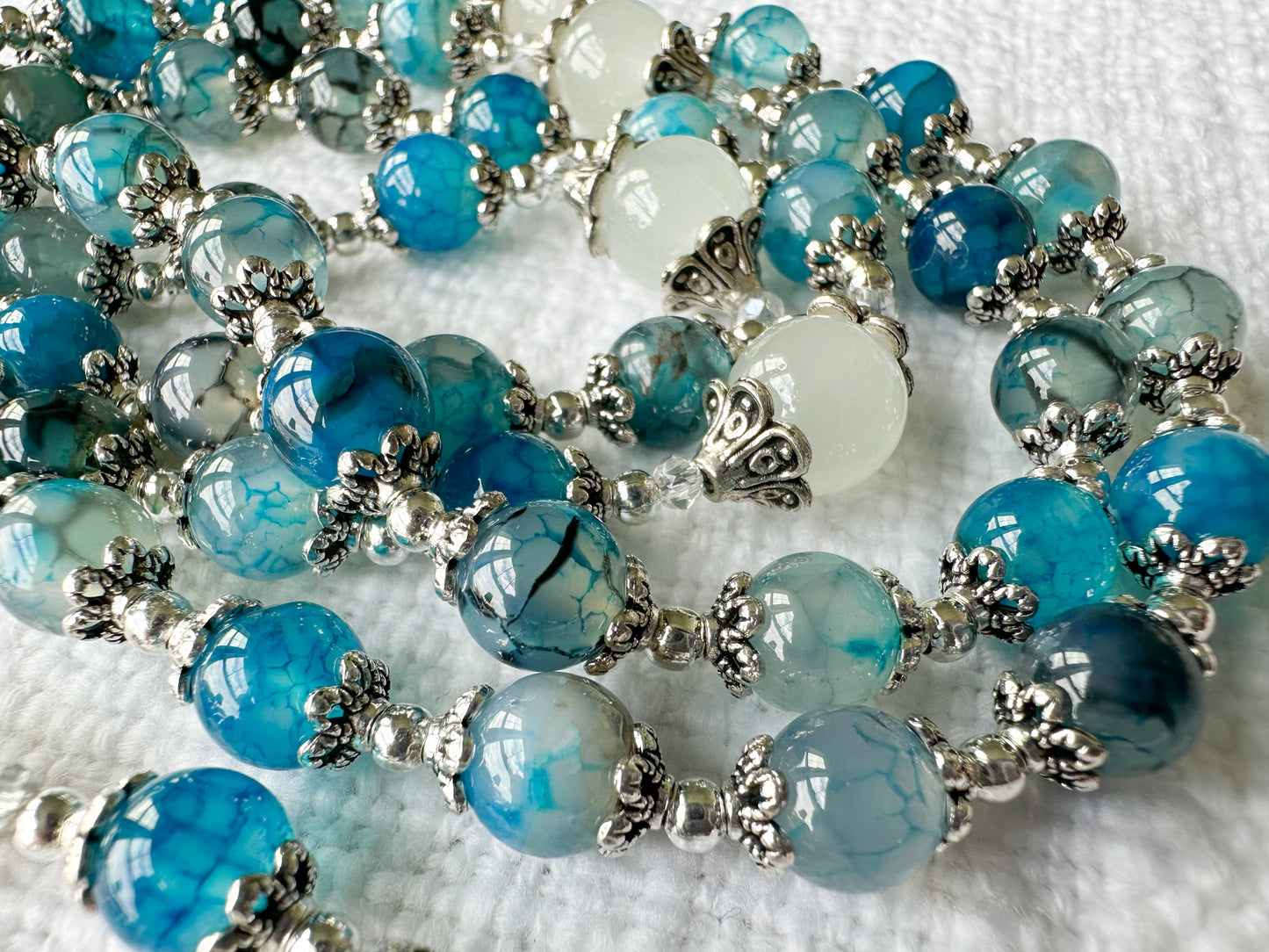 Rosary of Divine Protection — Blue Dragon Vein Agate, Moonstone & Silver