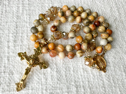 Rosary of Faithful Earth — Crazy Lace Agate, Crystal & Gold