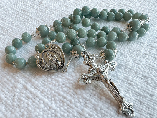 Heart of Mary Rosary — Burmese Blue Jade & Silver