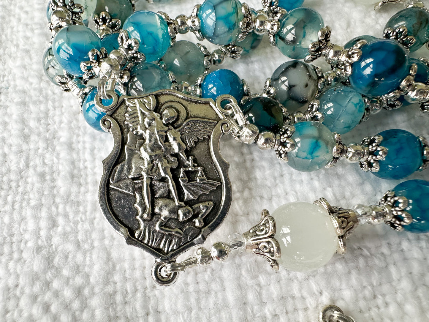 Rosary of Divine Protection — Blue Dragon Vein Agate, Moonstone & Silver