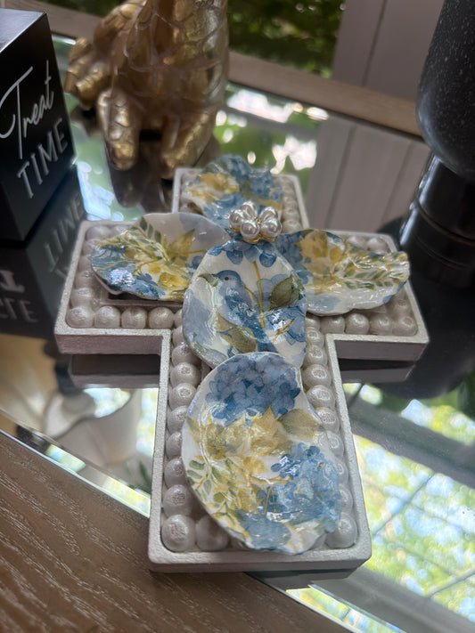 Handcrafted Oyster Shell on Wooden Cross – Catholic Wall Décor for Prayer Spaces (9”)