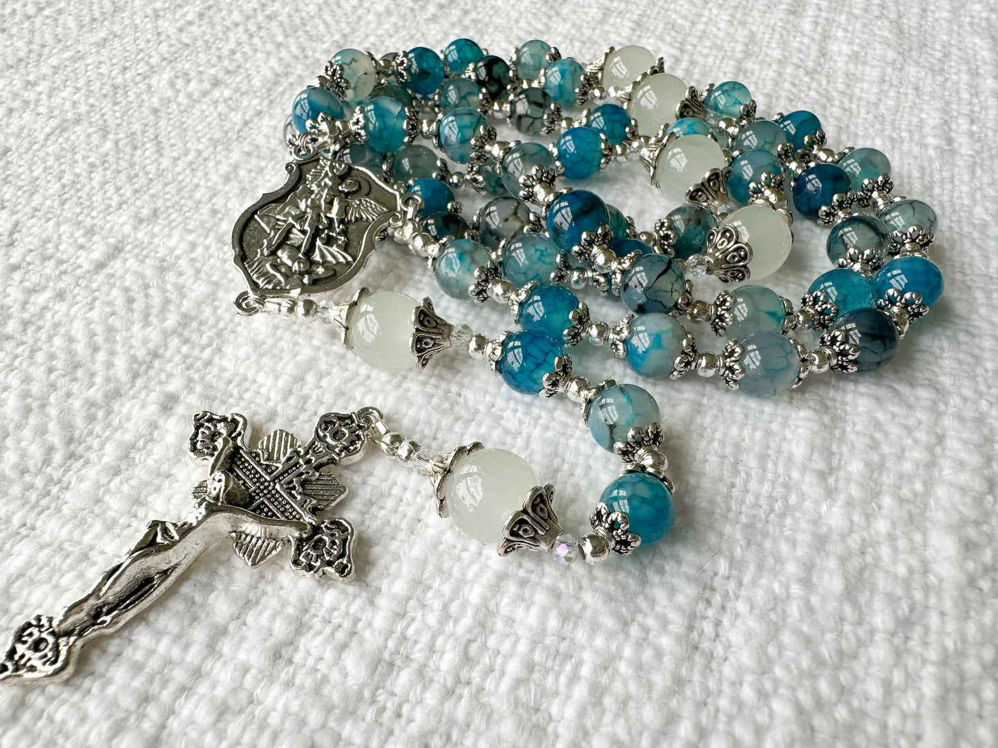 Rosary of Divine Protection — Blue Dragon Vein Agate, Moonstone & Silver