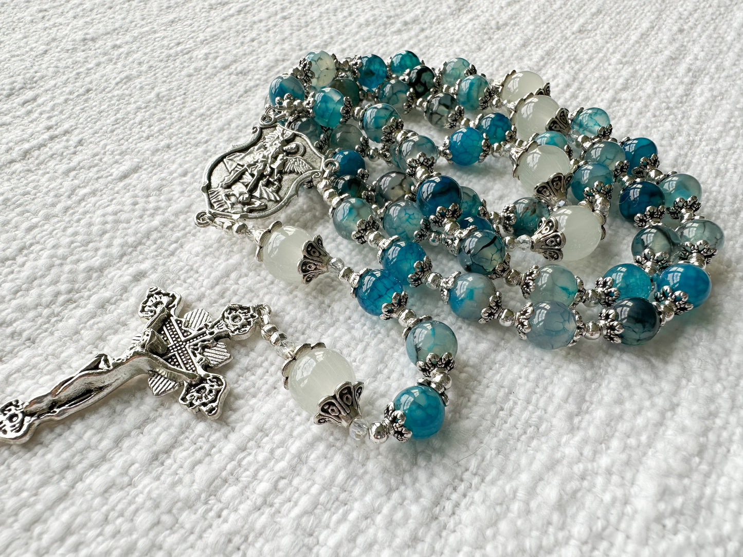 Rosary of Divine Protection — Blue Dragon Vein Agate, Moonstone & Silver