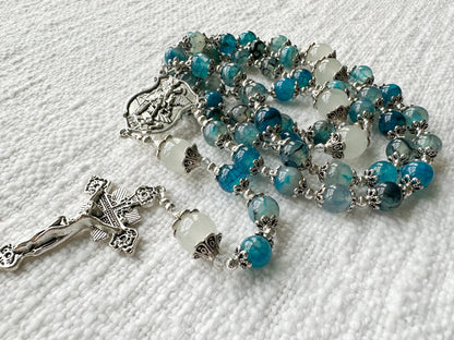 Rosary of Divine Protection — Blue Dragon Vein Agate, Moonstone & Silver
