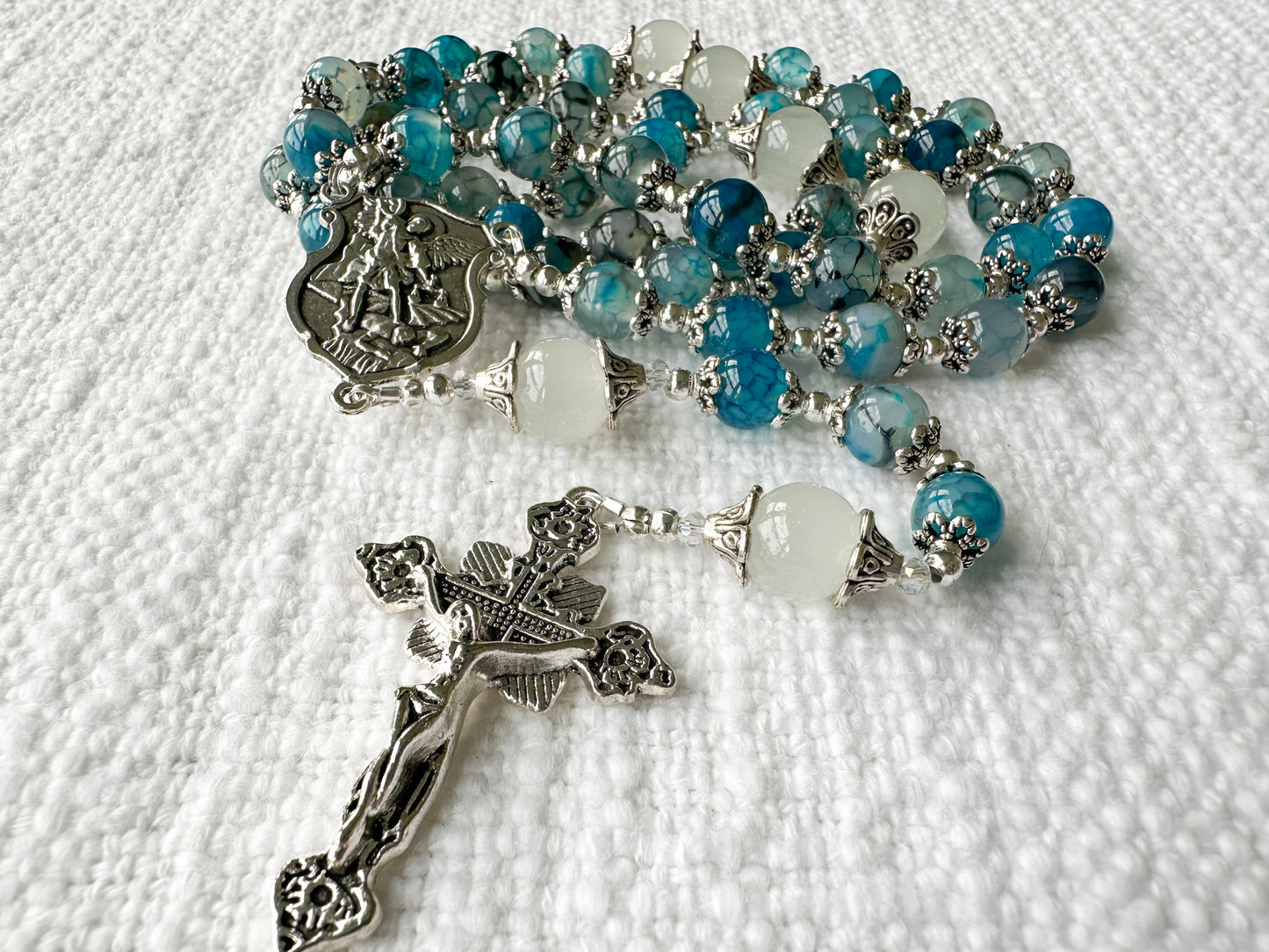 Rosary of Divine Protection — Blue Dragon Vein Agate, Moonstone & Silver