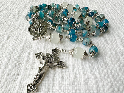 Rosary of Divine Protection — Blue Dragon Vein Agate, Moonstone & Silver