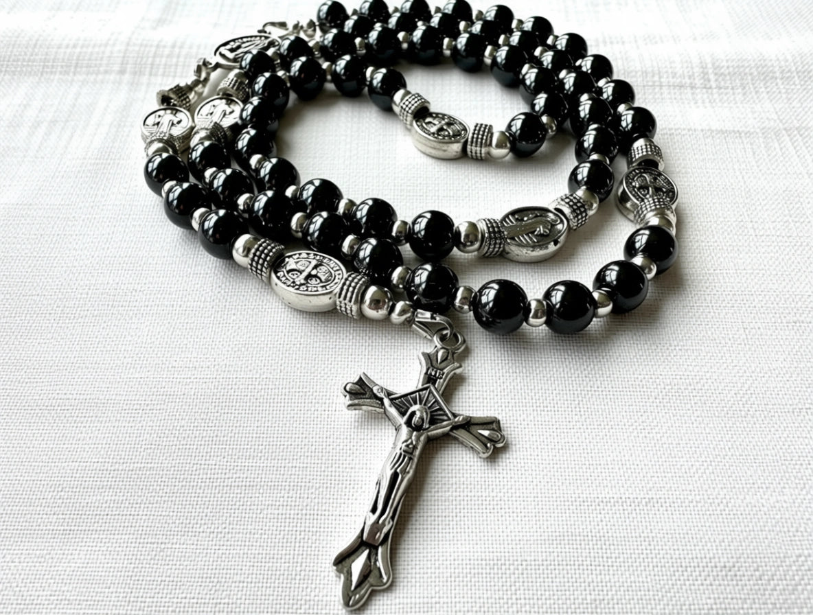 Shield of Mercy Rosary — Hematite & Silver (6mm)