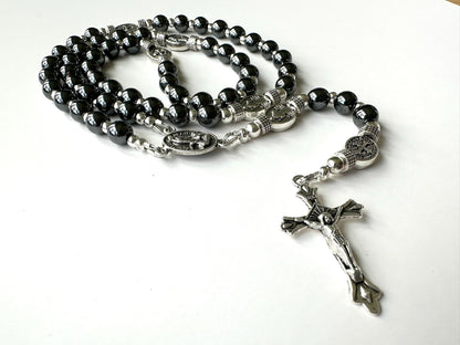 Shield of Mercy Rosary — Hematite & Silver (6mm)