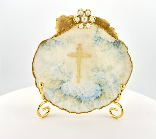 Blue Hydrangea Cross Scallop Shell Decor