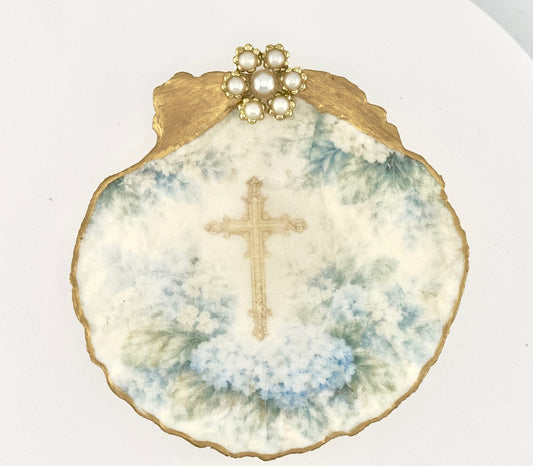 Blue Hydrangea Cross Scallop Shell Decor