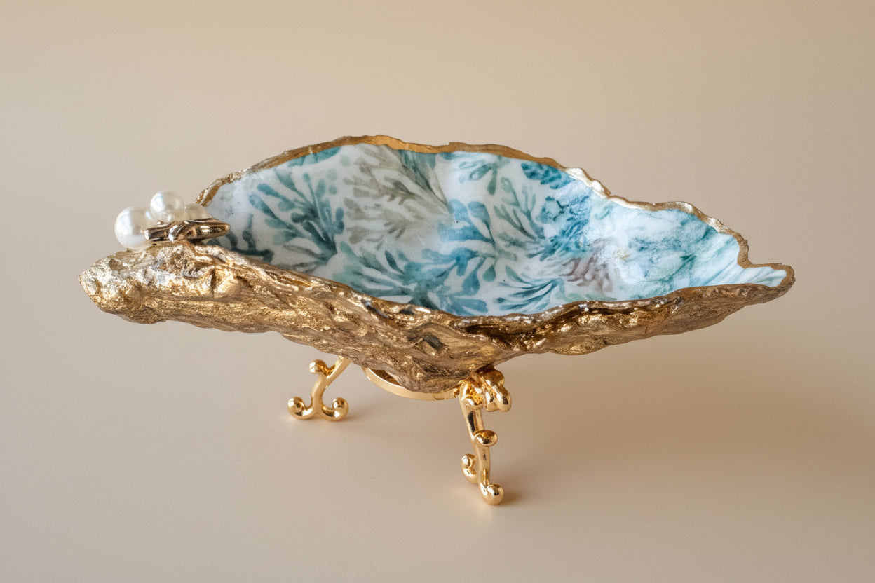 Decorative jewelry dish with gold base and blue sea life coral interior on a beige background