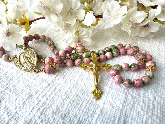 Rosary of Blooming Grace — Pink & Green Rainwater with Gold